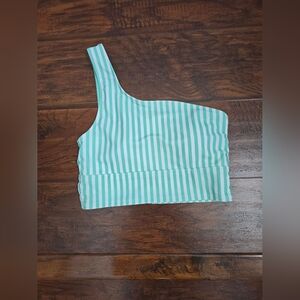 Old Navy Mint and White Striped One-Shoulder Swim Top